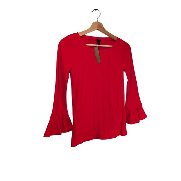 J.Crew Red Ribbed Knit Bell Sleeve Top Women's XS Long Sleeve NWT New with Tags - Picture 3 of 11